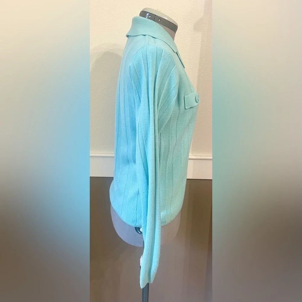 ⭐️Vintage 80s- 90s Bravo Sweater Size M Seafoam Collared Vertical Green Blue - Picture 5 of 8